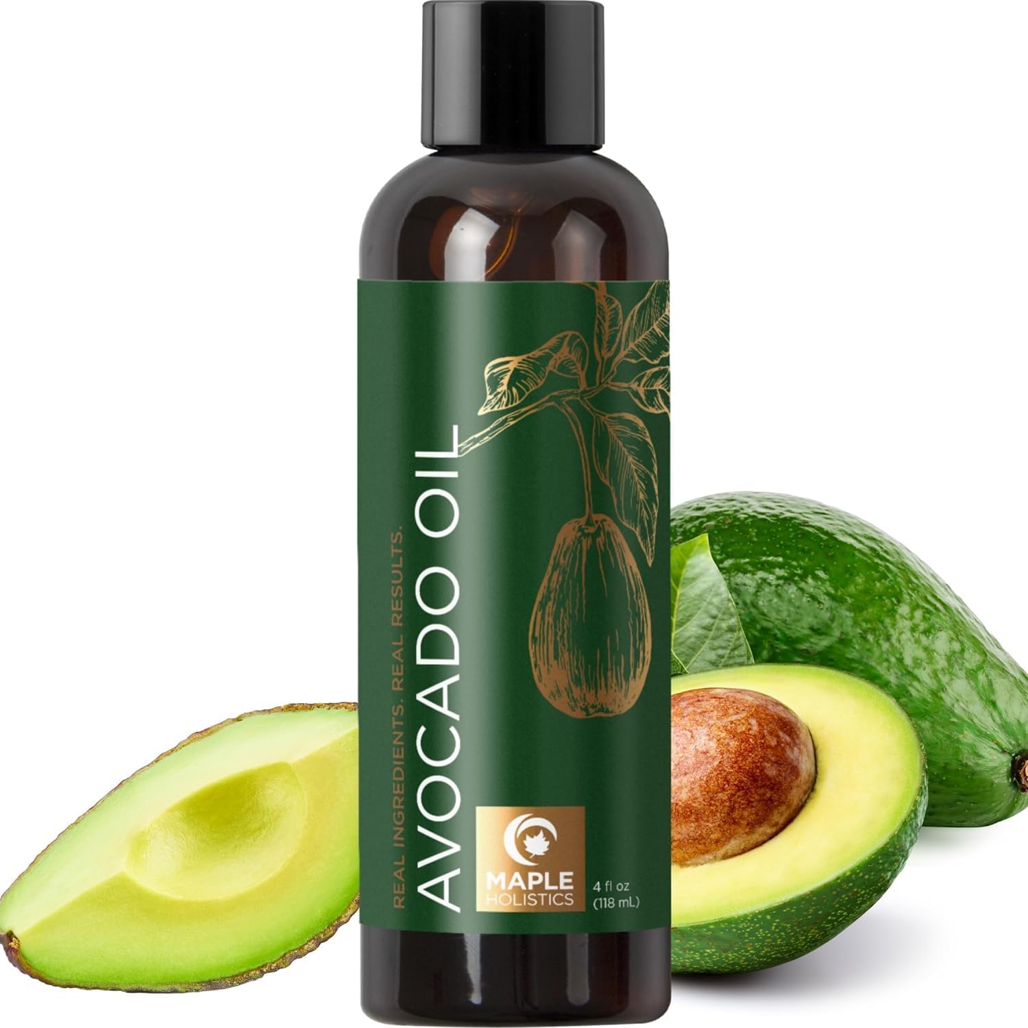 Maple Holistics Pure Avocado Oil 4 Fluid Ounce bottle front view for skin hydration.
