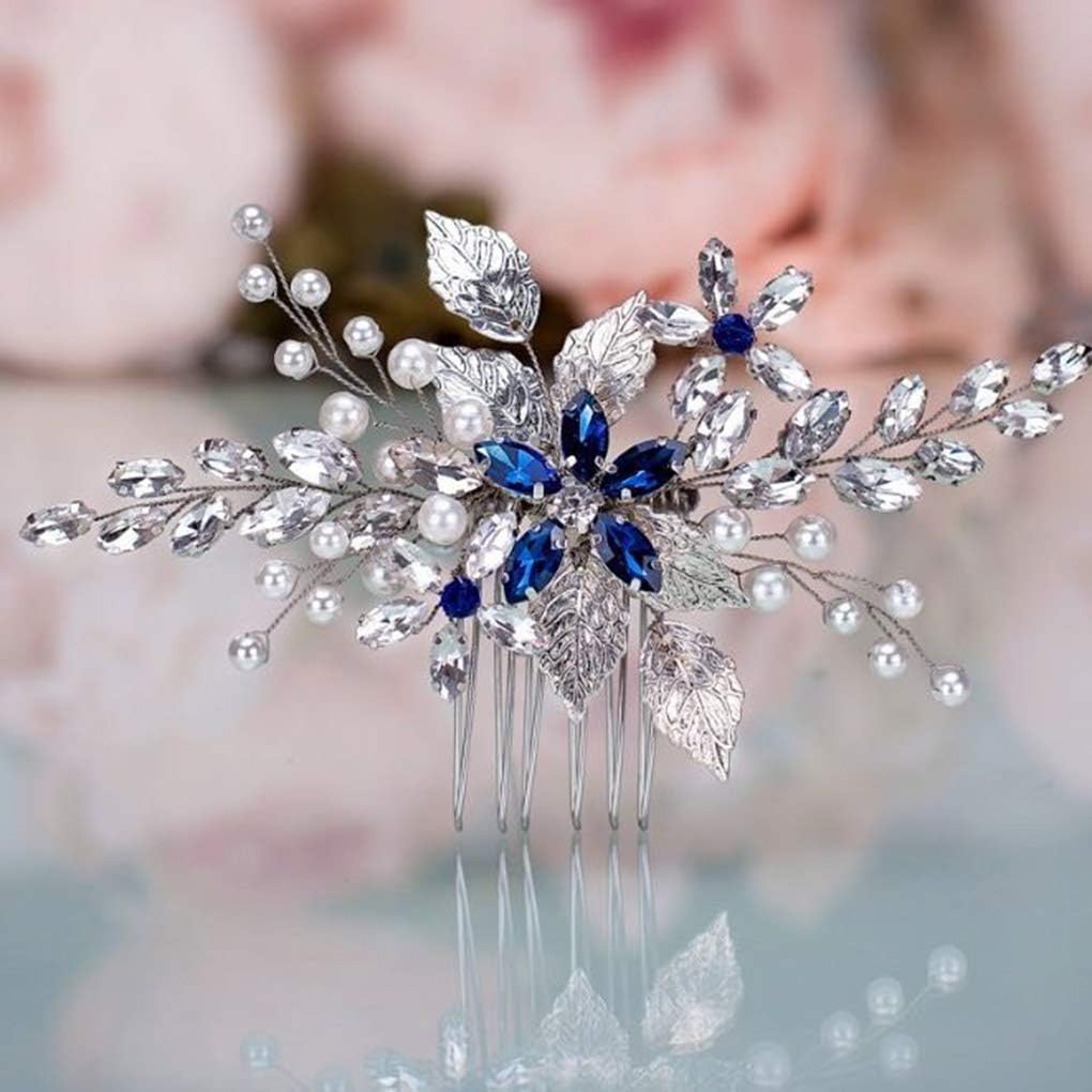 Olbye blue rhinestone bridal hair comb front view