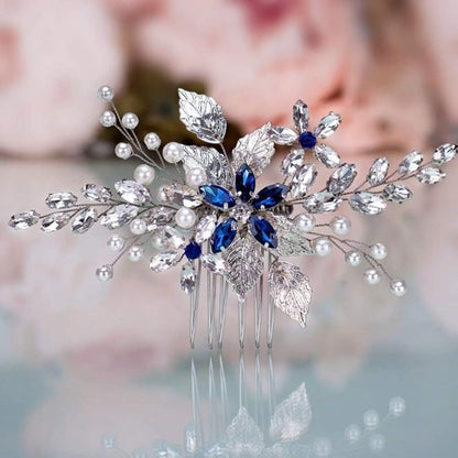 Olbye blue rhinestone bridal hair comb front view