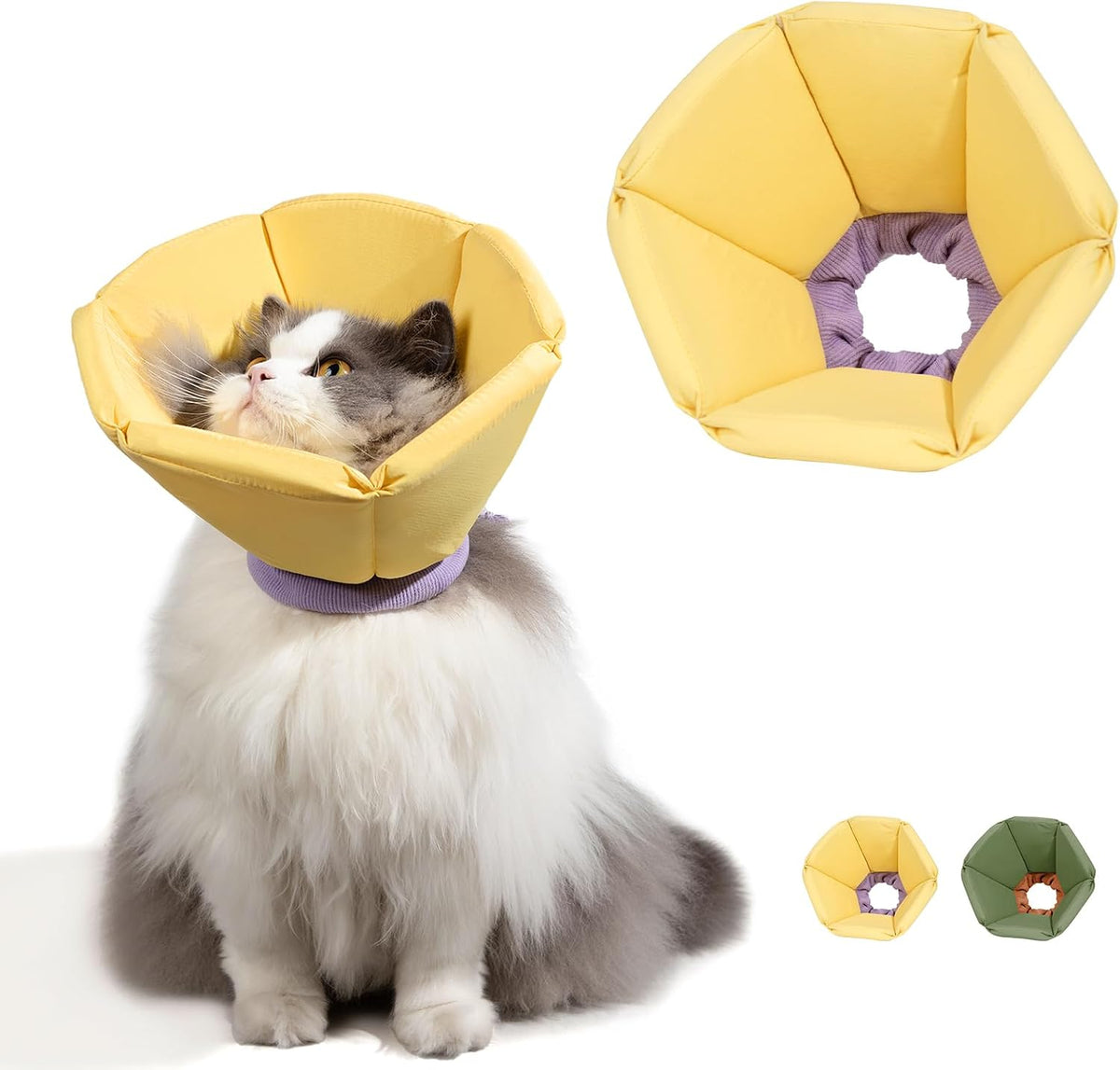 Sovarin soft cat cone collar in yellow front view for pet post surgery recovery