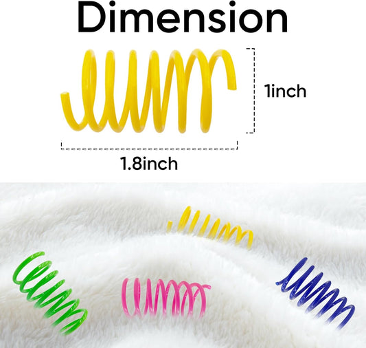 Pack of thirty durable neon colored kitten spiral springs bouncing on hardwood floor