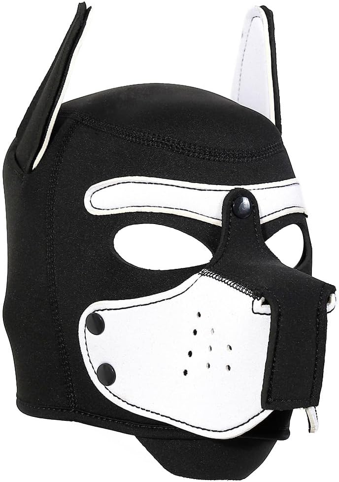 Three quarter angle view of the Womalen adult neoprene full head pup play mask.