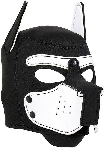 Three quarter angle view of the Womalen adult neoprene full head pup play mask.