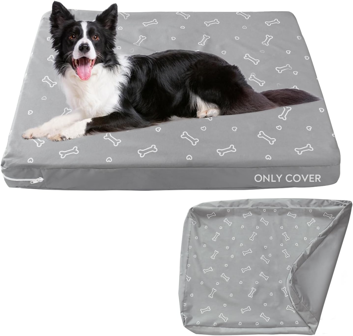 Magik and Kover waterproof dog bed cover front view showcasing grey bone print design