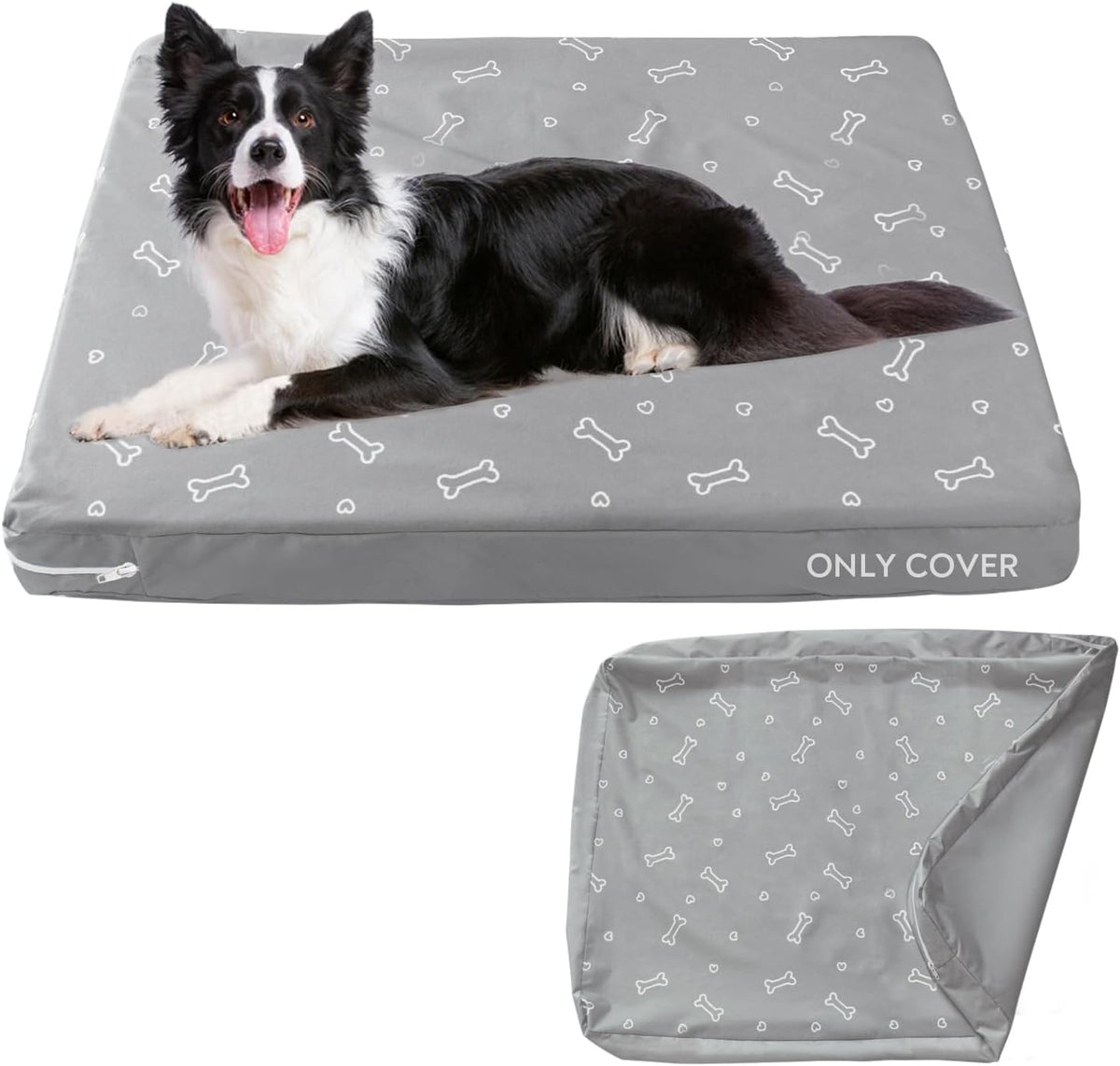 Magik and Kover waterproof dog bed cover front view showcasing grey bone print design