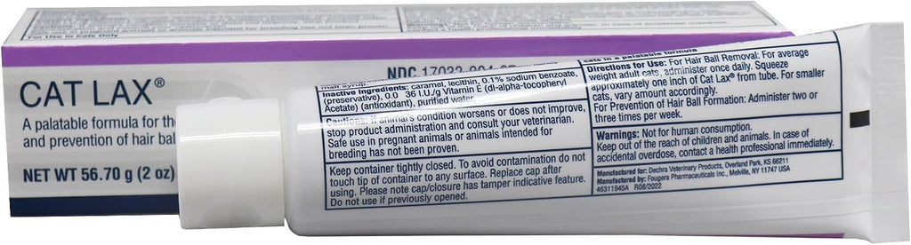 Dechra Cat Lax two ounce tube being squeezed for feline hairball prevention.