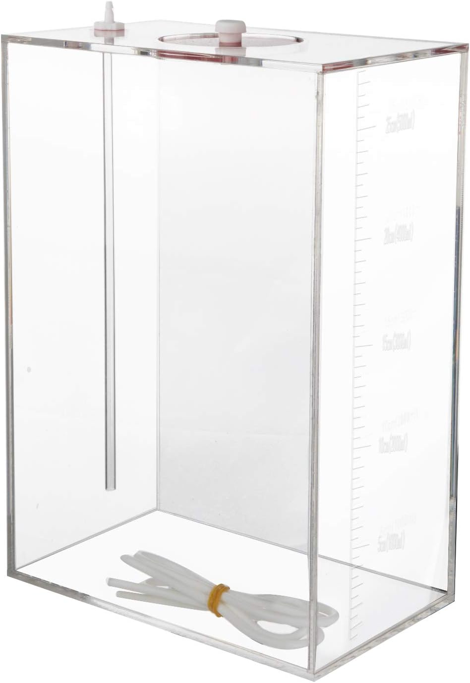 Top view of Aquarium Choice acrylic reservoir showing secure lid and tubing attachment ports.