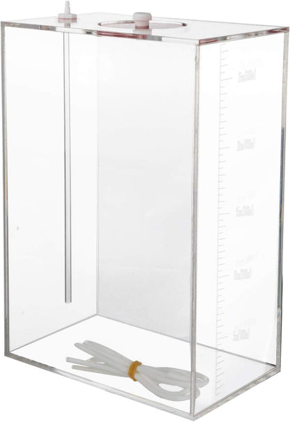 Top view of Aquarium Choice acrylic reservoir showing secure lid and tubing attachment ports.
