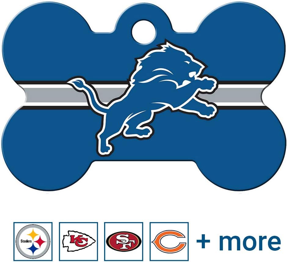 GoTags Detroit Lions dog tag front view showing engraved brass bone design.