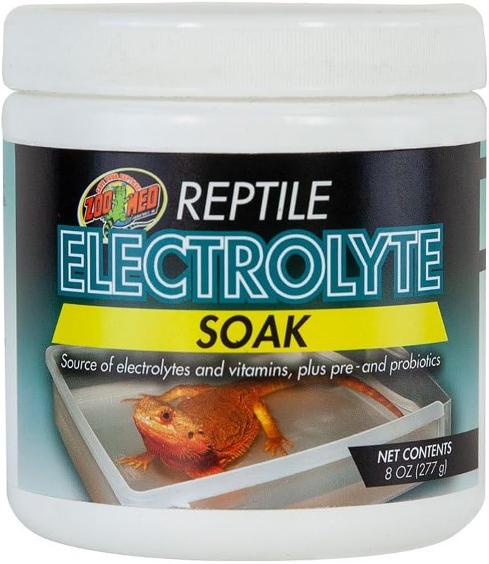 Zoo Med Reptile Electrolyte Soak jar showing ingredients and usage instructions