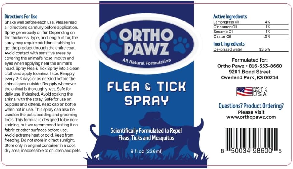 Application demonstration of Ortho Pawz flea repellent spray on a dog coat.