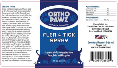 Application demonstration of Ortho Pawz flea repellent spray on a dog coat.
