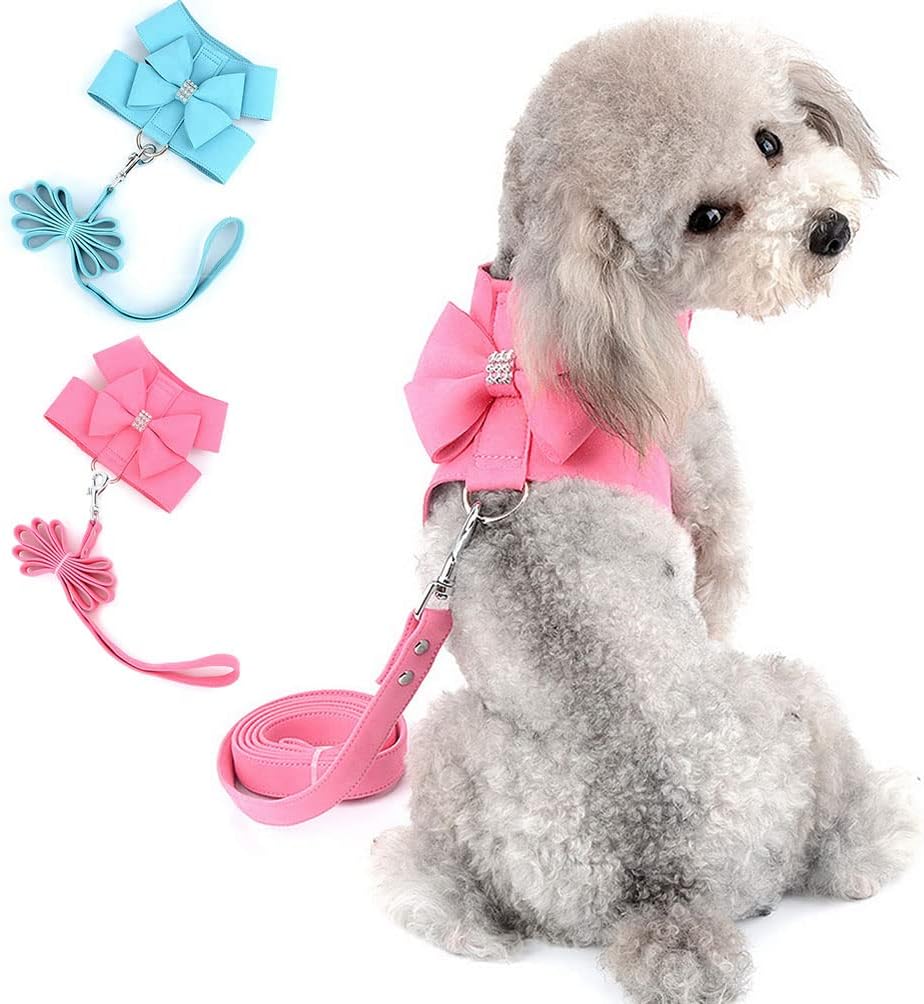 Bling Rhinestone Dog Harness and Leash Set, Soft Faux Suede Puppy Vest with Bow for Small Dogs, No-Pull Adjustable Wrap-Around Cat Harness for Chihuahua Yorkie - Image 9