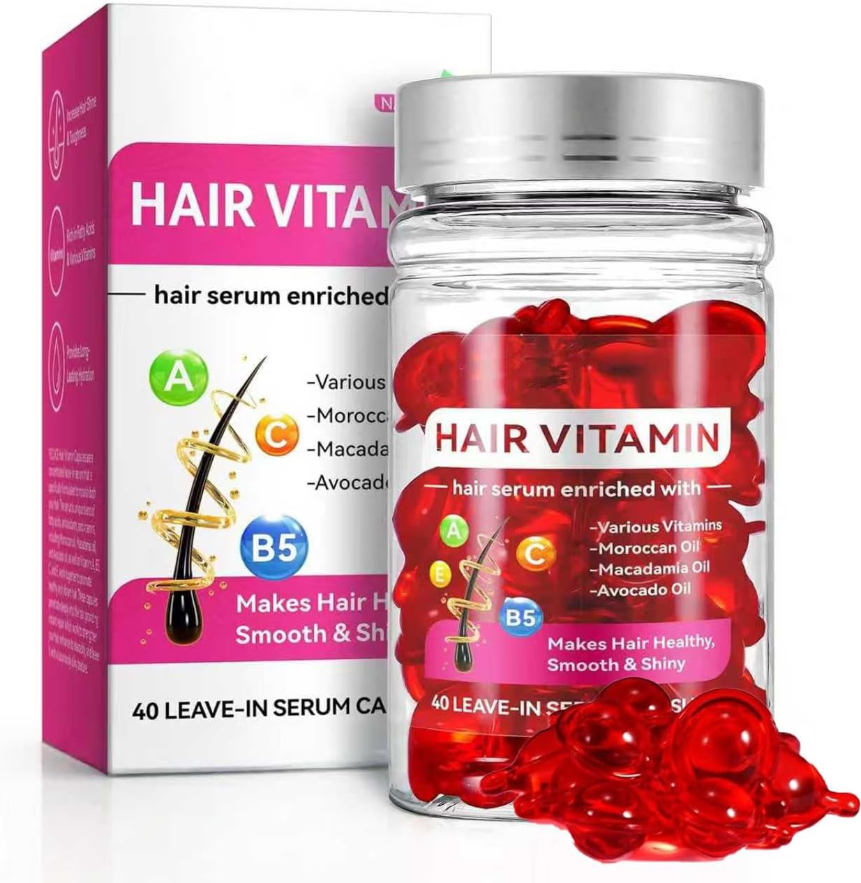 VHUTDL hair treatment serum oil capsules front view showing the 40 pieces bottle container.