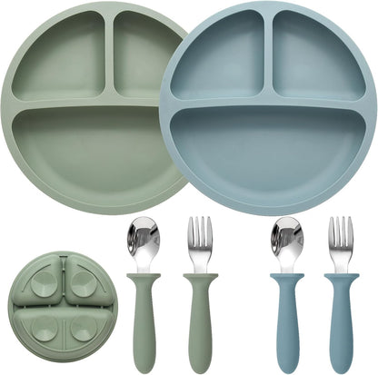 Eascrozn baby feeding set with divided silicone plates and utensils