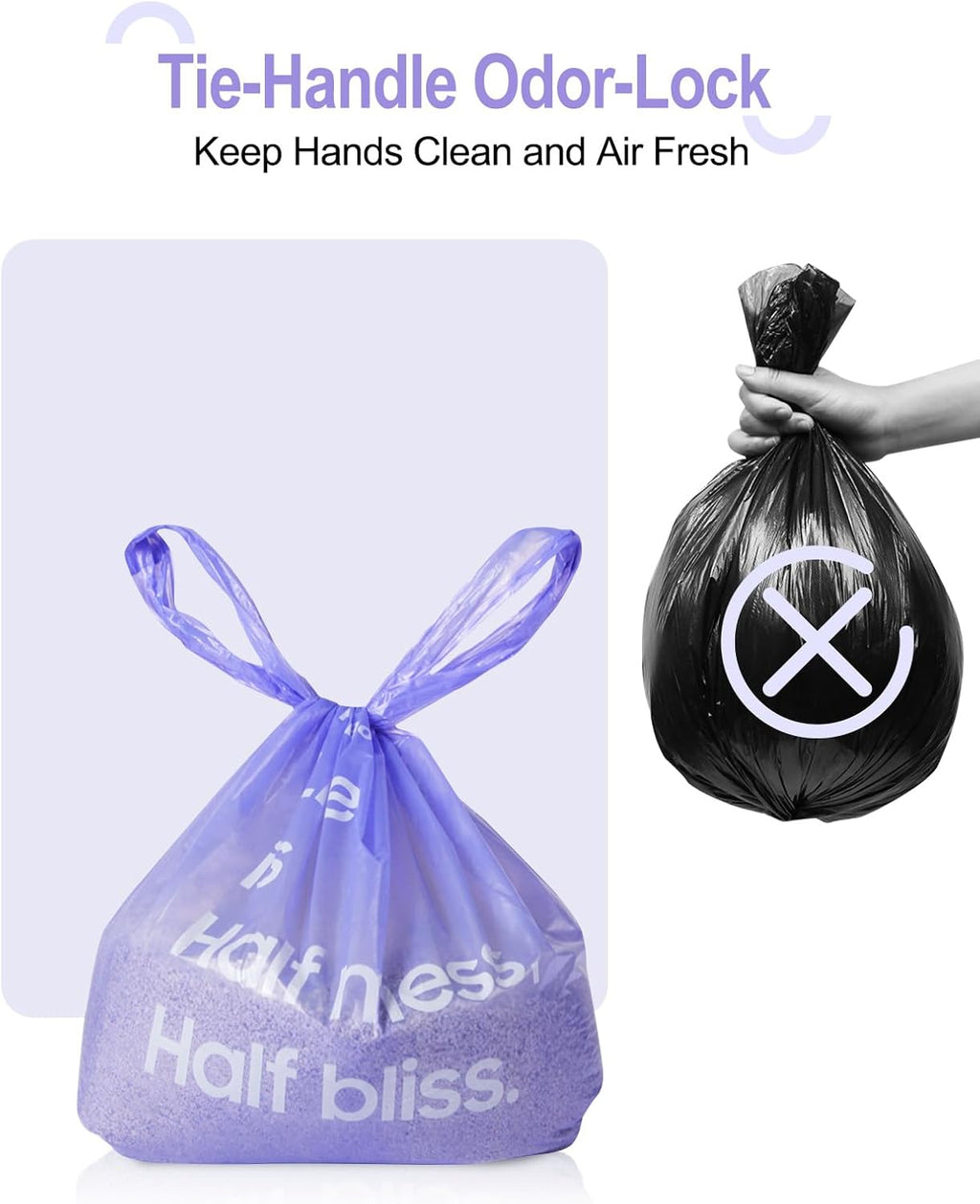 Purple disposable kitty waste bags with easy tie handles shown flat