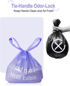Purple disposable kitty waste bags with easy tie handles shown flat