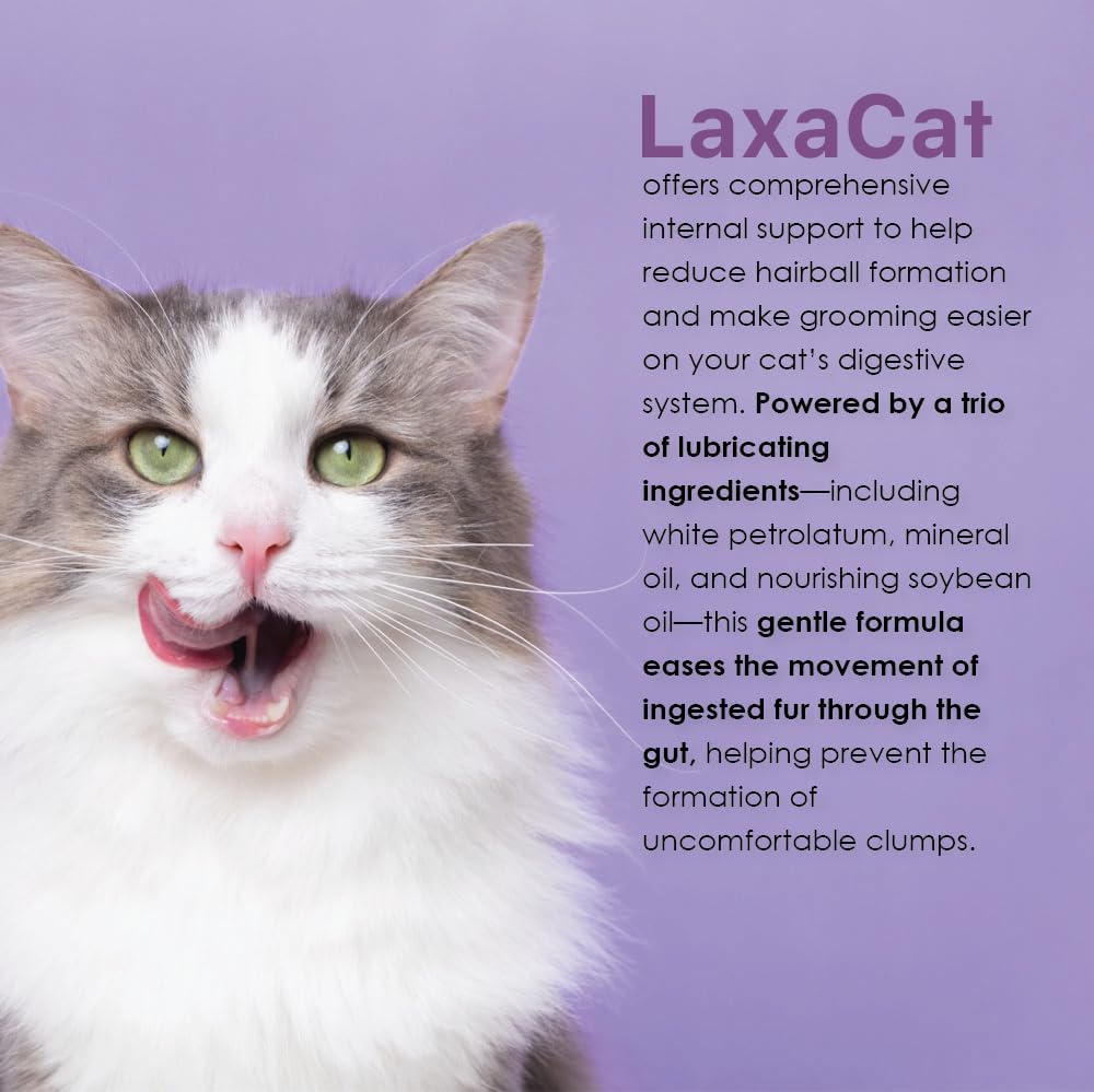 LaxaCat pet health solutions hairball elimination paste with Omega three six nine fatty acids.