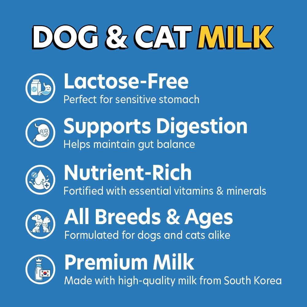 Nutrient rich liquid pet milk for sensitive stomachs being poured from a spouted pouch