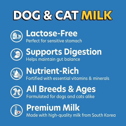 Nutrient rich liquid pet milk for sensitive stomachs being poured from a spouted pouch