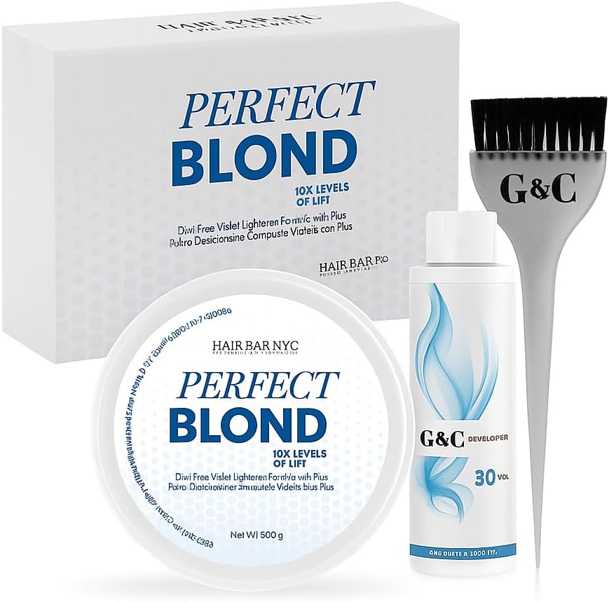 Hair Bar NYC Perfect Blond 10x Extreme Blue Lightener Kit front view packaging with developer bottle and applicator brush