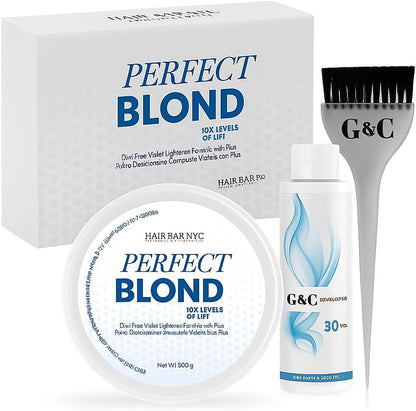 Hair Bar NYC Perfect Blond 10x Extreme Blue Lightener Kit front view packaging with developer bottle and applicator brush
