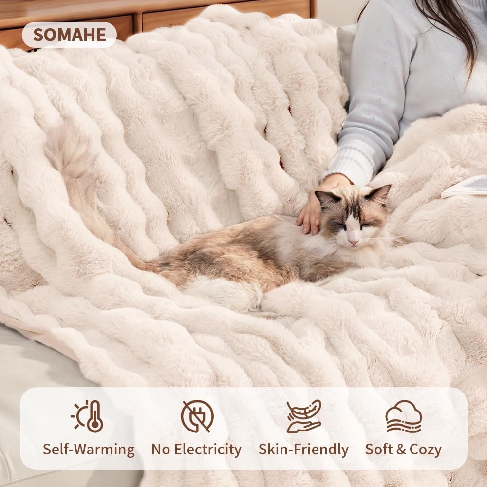 SOMAHE machine washable white cat throw spread on a bed