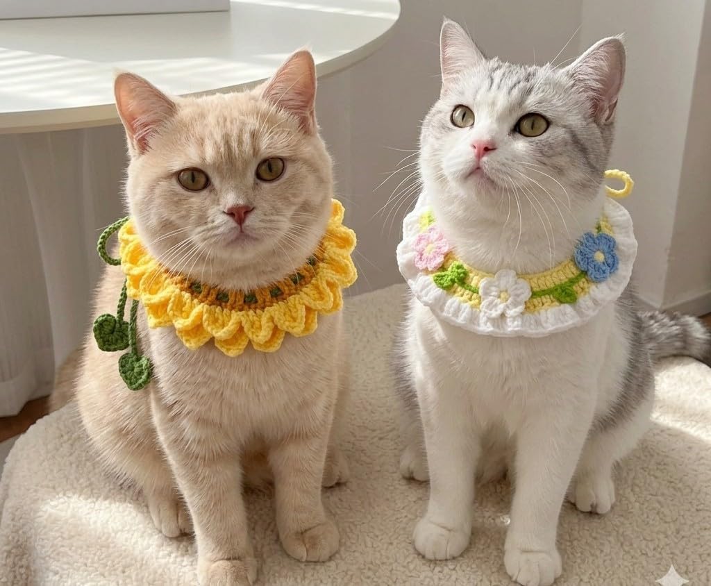 A cute small kitten wearing a handmade adjustable sunflower knitted collar from the surprise collection.