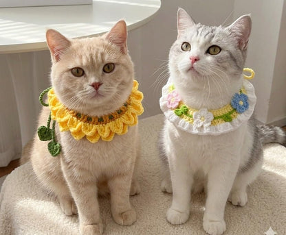 A cute small kitten wearing a handmade adjustable sunflower knitted collar from the surprise collection.