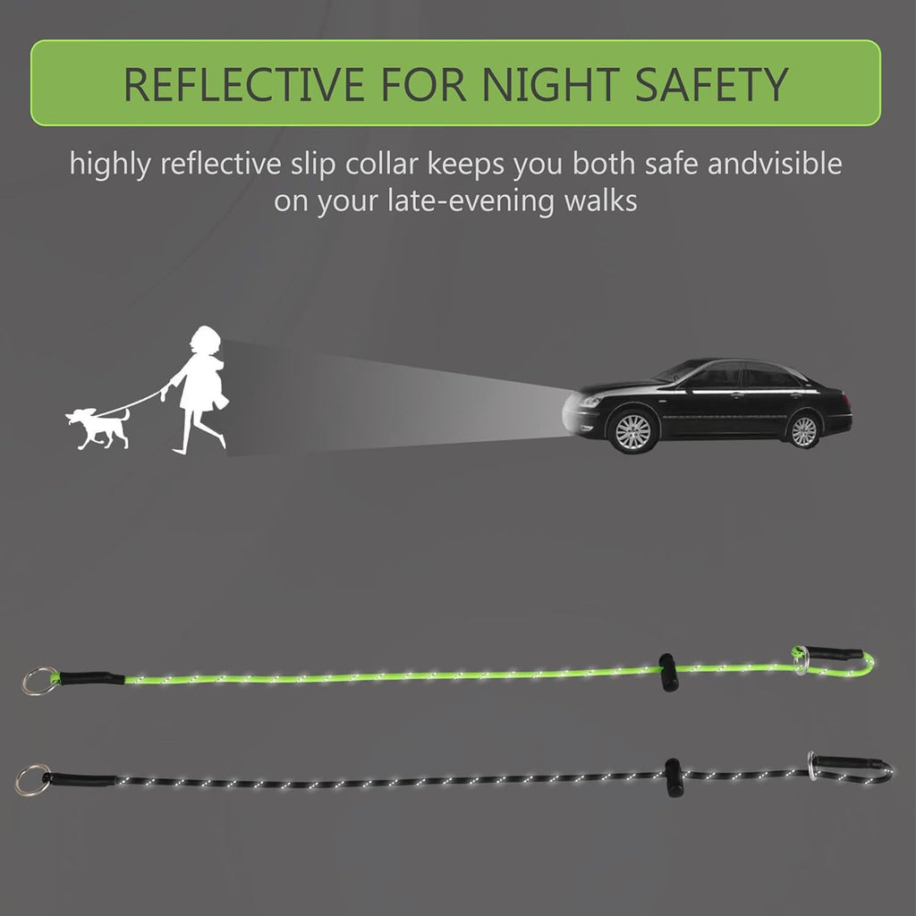 Adjustable spring loaded stopper on the neon green reflective dog slip collar