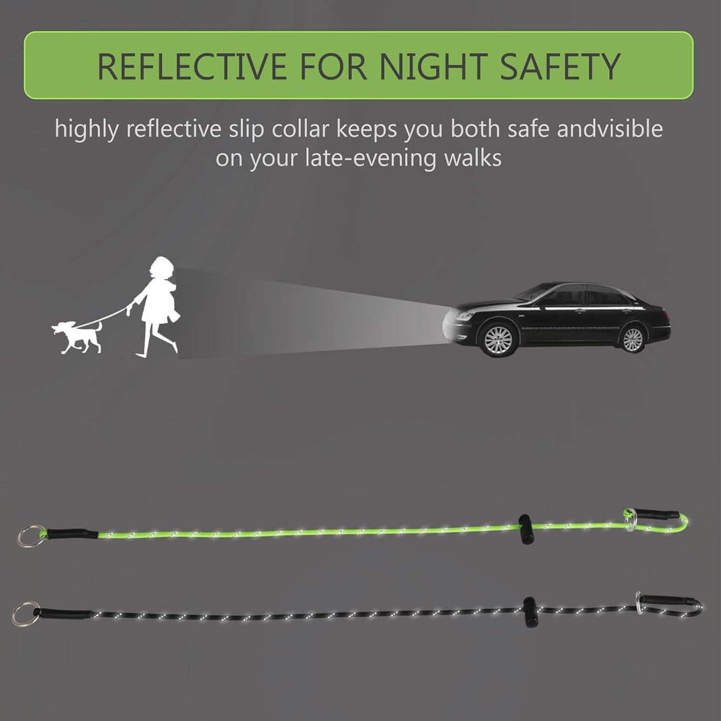 Adjustable spring loaded stopper on the neon green reflective dog slip collar