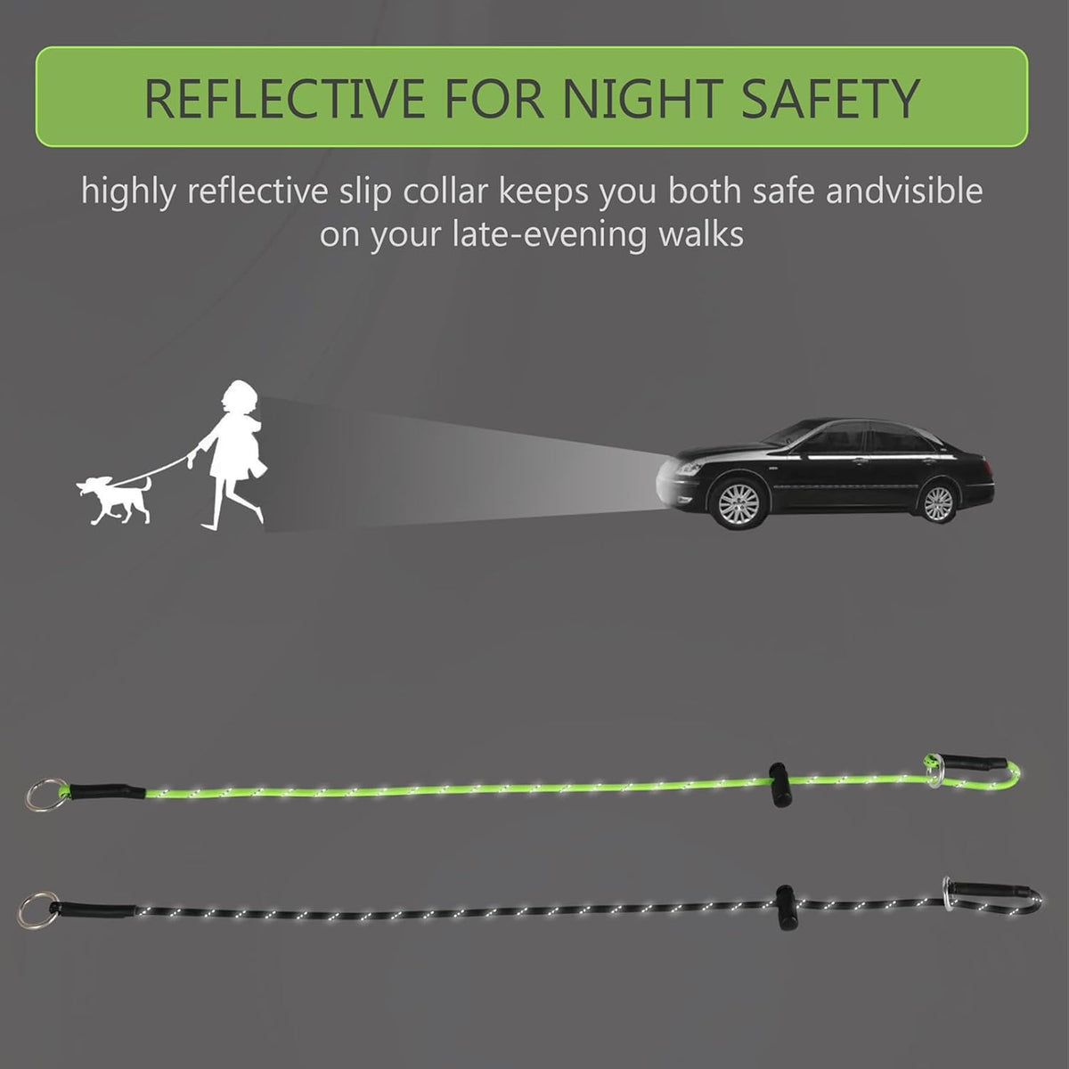 Adjustable spring loaded stopper on the neon green reflective dog slip collar