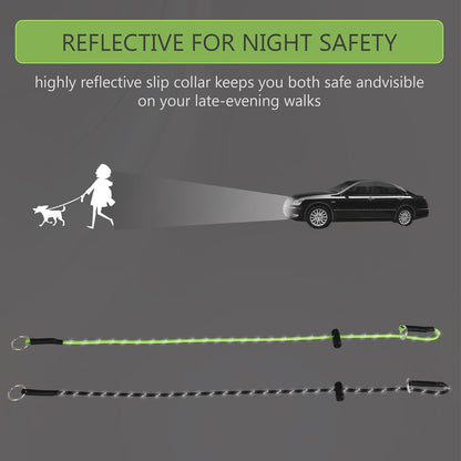Adjustable spring loaded stopper on the neon green reflective dog slip collar