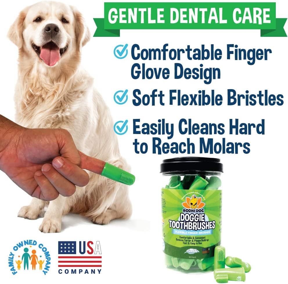 Demonstration of Bodhi Dog pet dental tool placed on an index finger for controlled teeth cleaning.