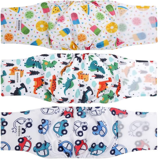 MICOOYO reusable male dog belly bands three pack front view showing car design