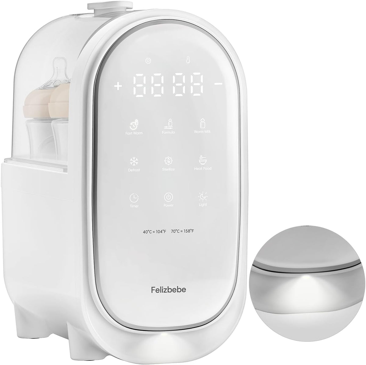 Felizbebe Larex 11-in-1 double bottle warmer front view with touchscreen