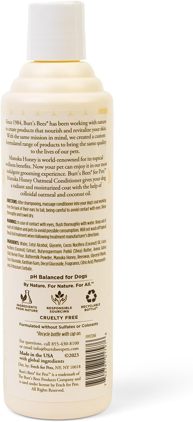 Burt's Bees for Pets Manuka Honey Oatmeal Conditioner for Dogs, Colloidal Oatmeal, 95%+ Natural Origin, No Sulfates, Parabens or Phthalates, Leaves Coat Soft & Shiny, Milk & Honey Scent, 10 Fl Oz - Image 9