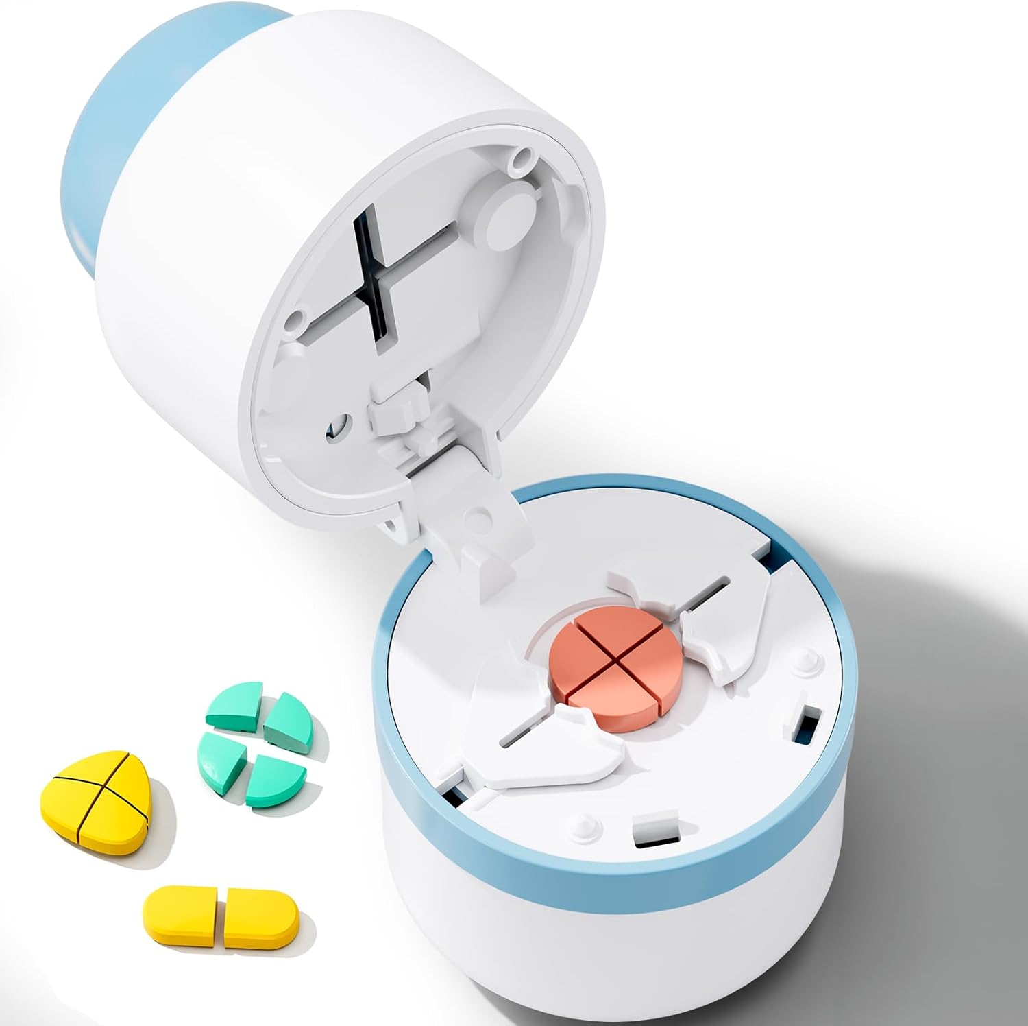 GAONLY Pill Cutter front view showing the blue and white outer ring design.