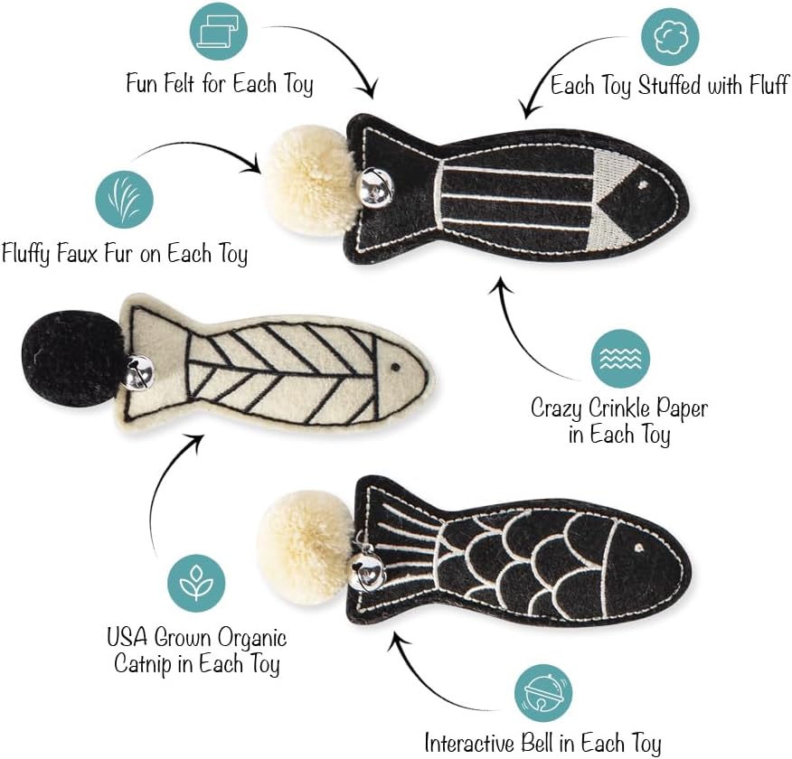 Fringe Studio interactive fish cat toys with embroidered felt details and silver bells.
