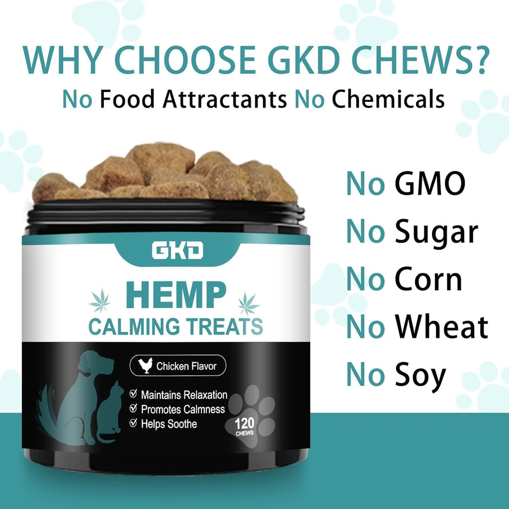 GKD premium dog anxiety relief supplement tub on a clean surface highlighting the authentic formulation.