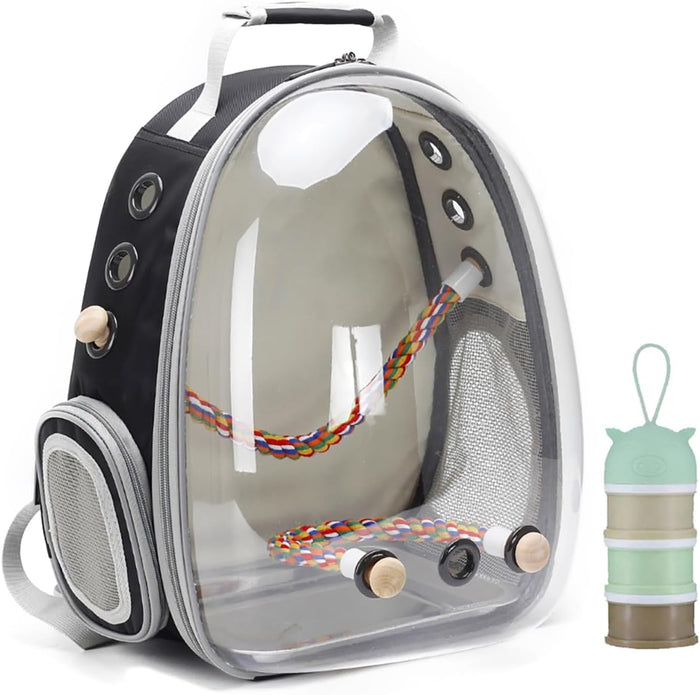 Halinfer bird travel carrier backpack front view with clear bubble window