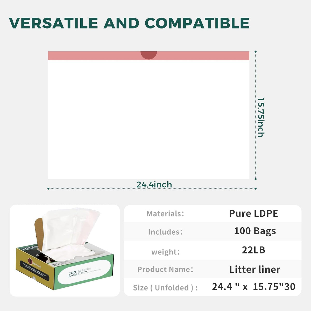 Automatic self cleaning litter box compatible waste liners layout showing large capacity.