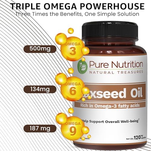 Pure Nutrition flaxseed oil 1000mg liquid filled capsules providing essential fatty acids for heart and joint health.