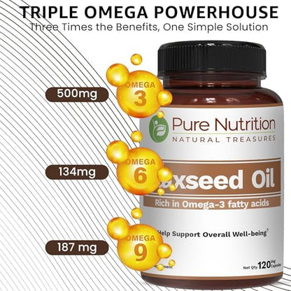 Pure Nutrition flaxseed oil 1000mg liquid filled capsules providing essential fatty acids for heart and joint health.