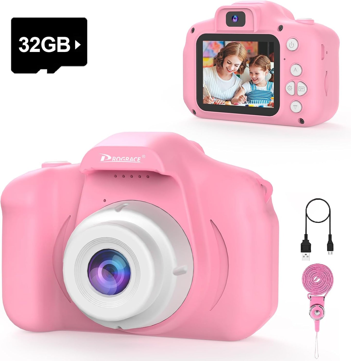 PROGRACE kids digital camera pink front view showing lens and durable body