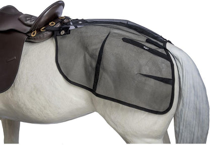 Tough 1 Fly Rump Sheet front view showing black breathable mesh horse protective gear attached to a saddle.