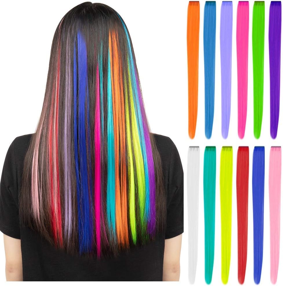 YaFex 12 Piece Clip In Hair Extensions front view showing multi color rainbow synthetic hair strands.