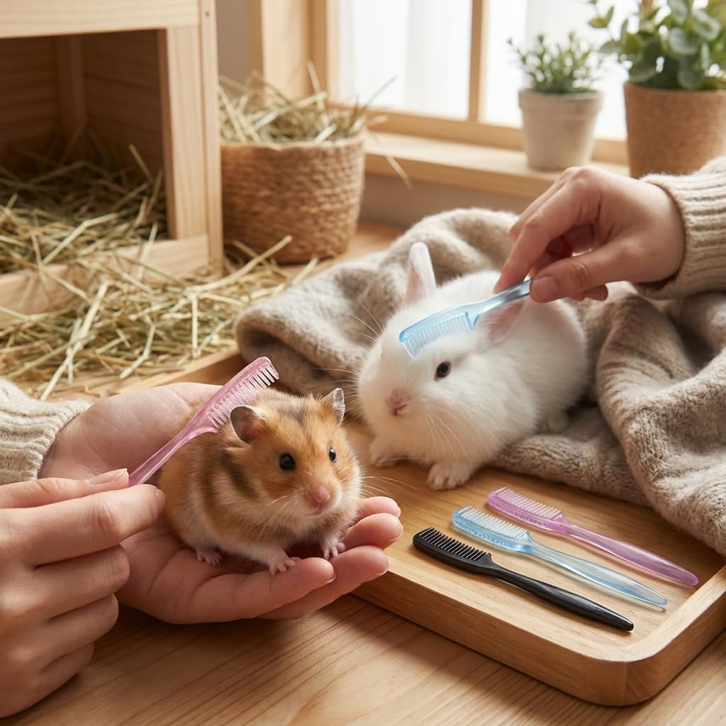 Small animal pocket pet hair brushes in hand showing compact dimensions