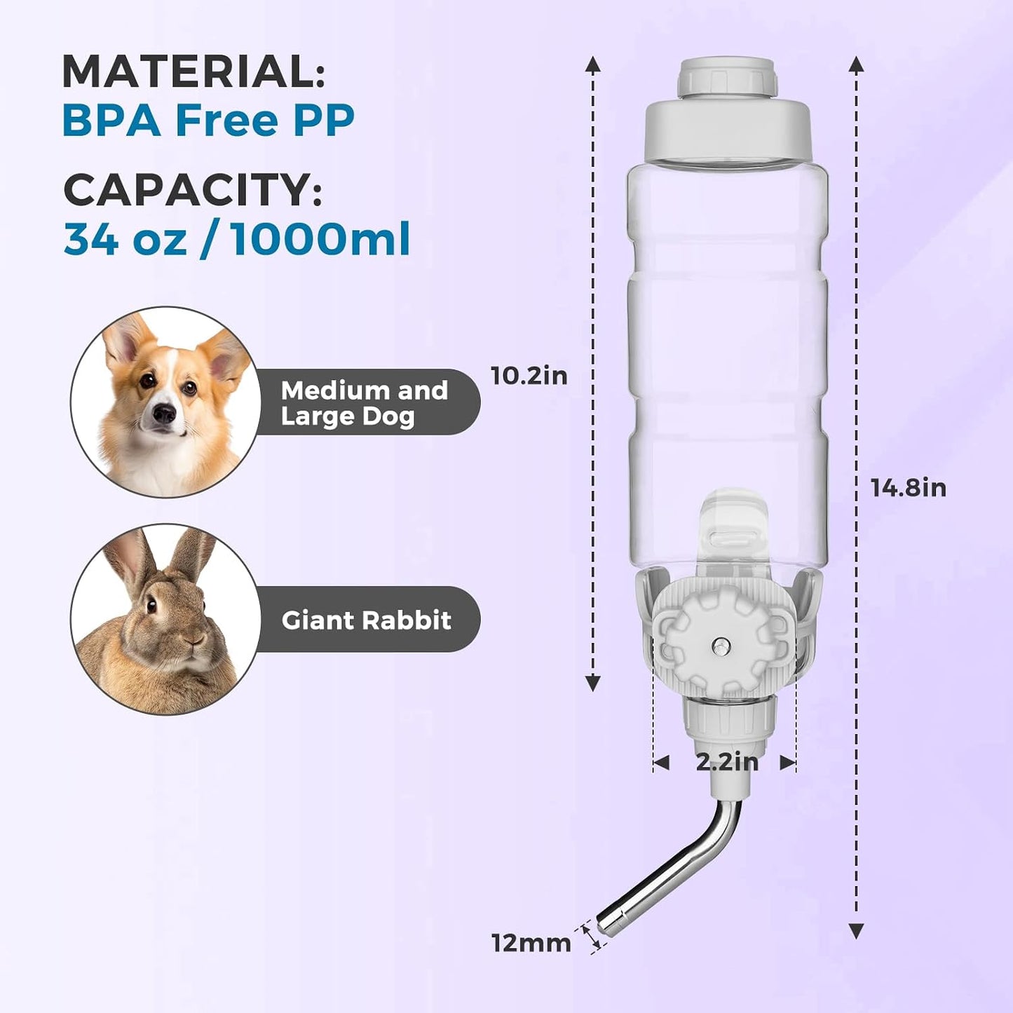 Vannon Rabbit Water Bottle for Cage, Top Fill 34oz Bunny Water Bottle No Drip Automatic Water Dispenser for Dog, Rabbit, Guinea Pig & Small Animals Hanging Cage Water Bottle - Image 4