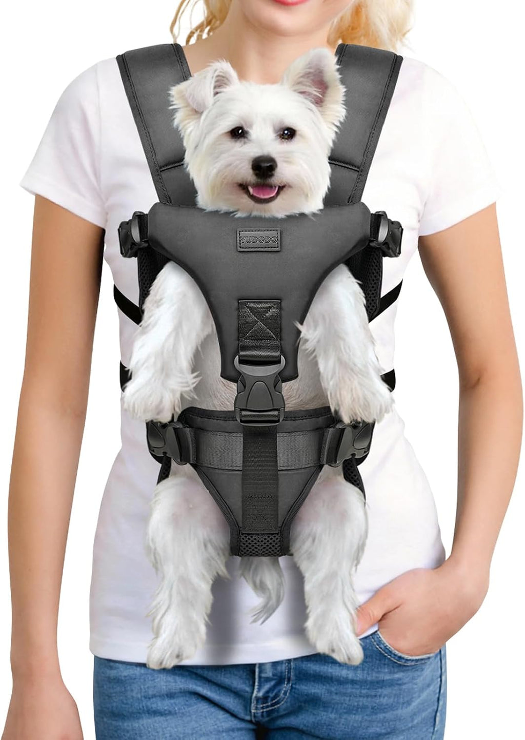 YUDODO secure dog carrier front pack being worn during an outdoor walk